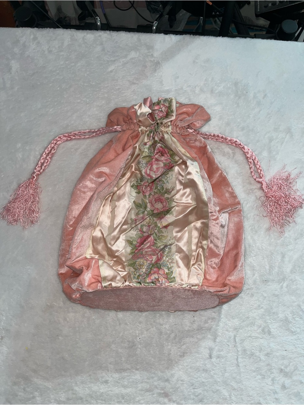 Vintage Pink Floral Drawstring Velvet Pouch Bag with Note Unique Mystery Floral